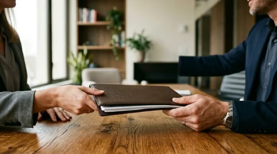 Professional property transaction moment showing clean transfer process