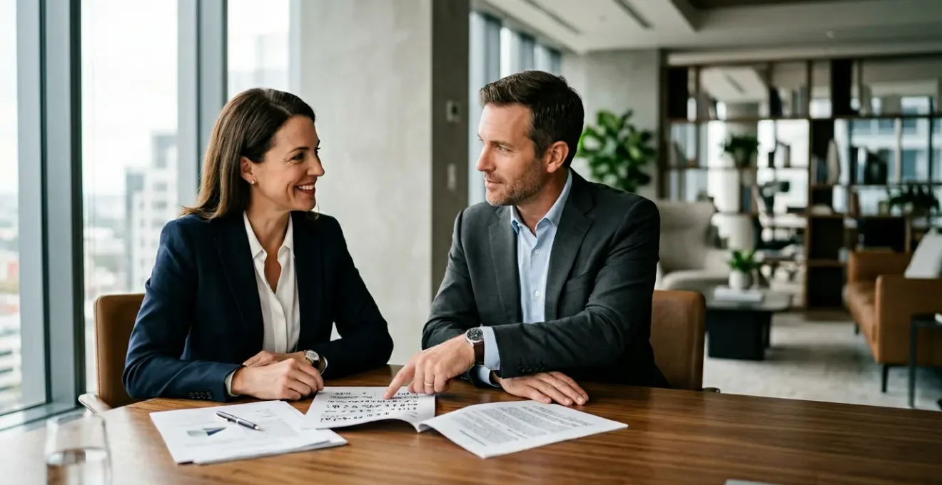 Professional commercial property lease negotiation between landlord and tenant representatives