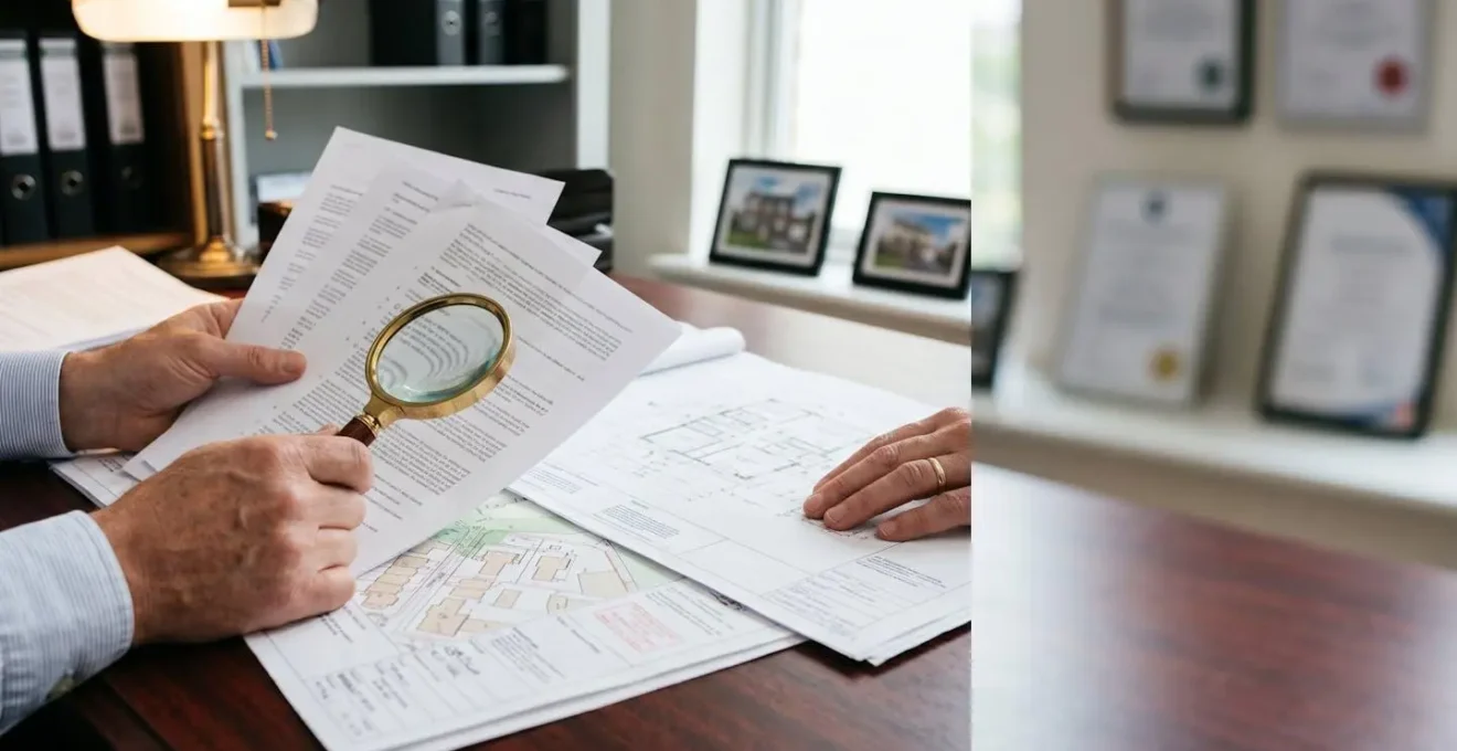 Professional property investigator examining architectural plans and legal documents during comprehensive due diligence process