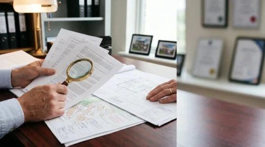 Professional property investigator examining architectural plans and legal documents during comprehensive due diligence process