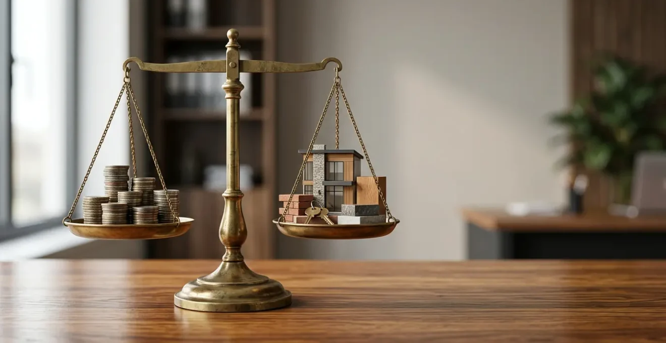 Professional editorial photograph showing the strategic balance of property cost management without quality compromise