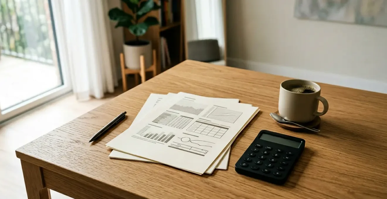 UK landlord reviewing property investment financial documents with mortgage calculator and rental income statements on modern desk