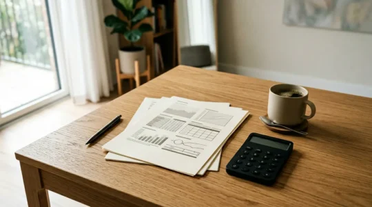 UK landlord reviewing property investment financial documents with mortgage calculator and rental income statements on modern desk