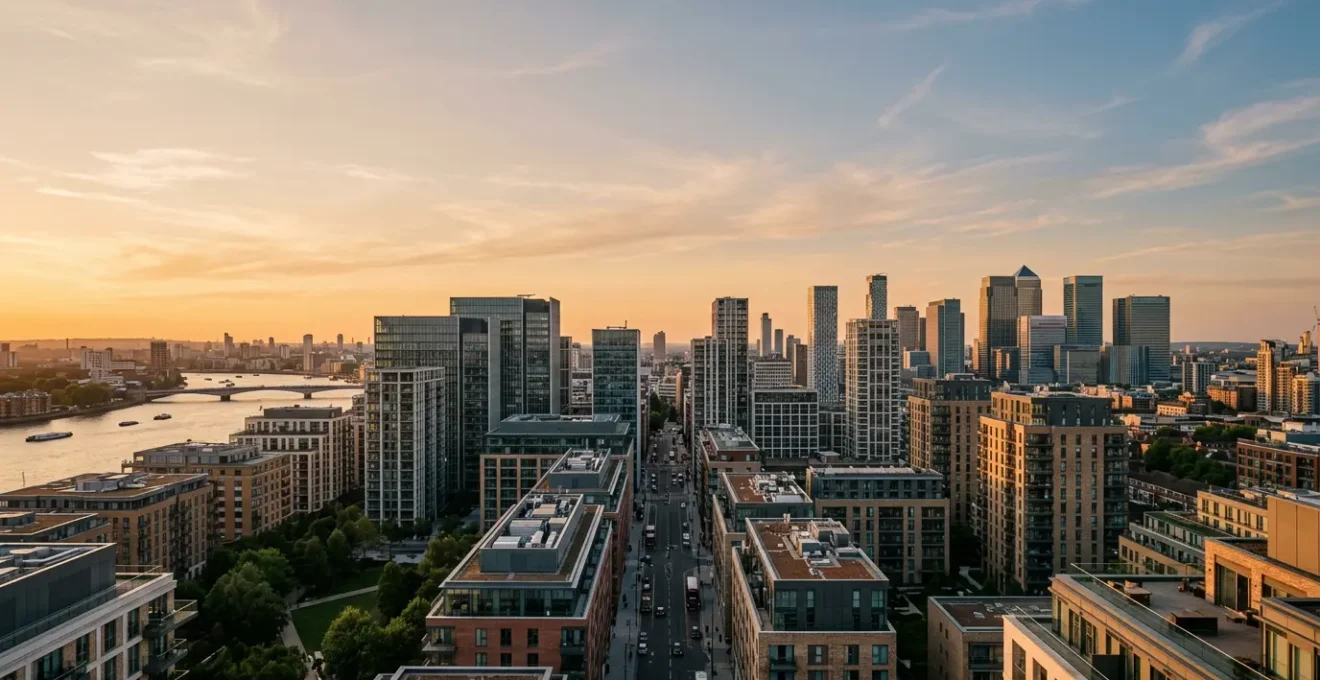 Wide editorial photograph showing data charts and property market trends with natural negative space