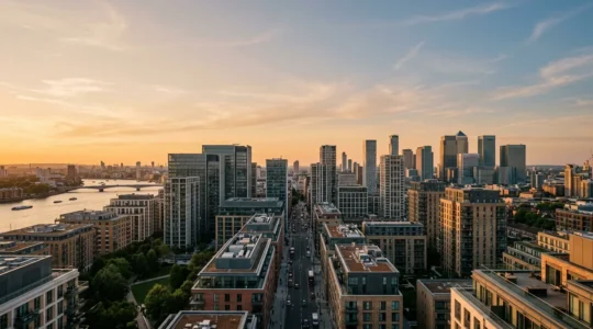 Wide editorial photograph showing data charts and property market trends with natural negative space
