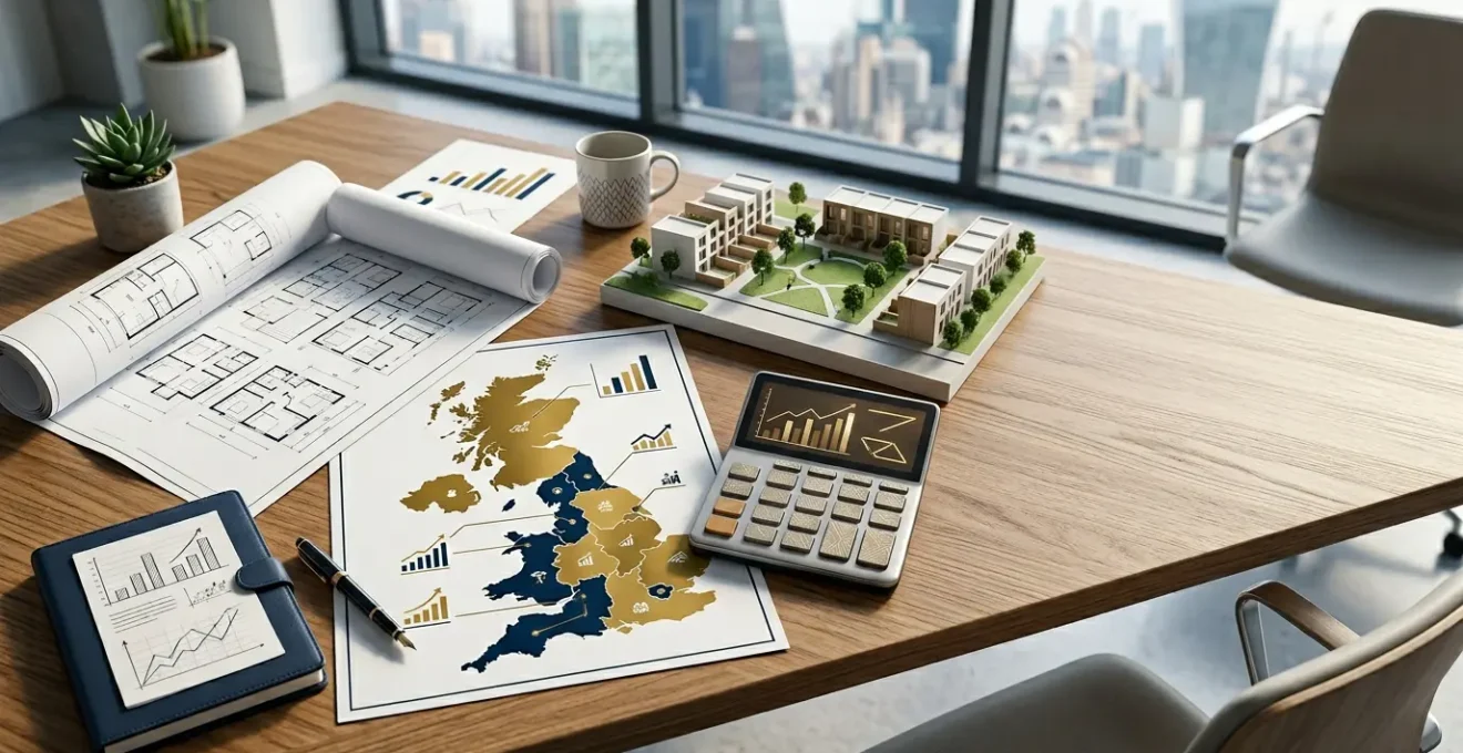 Modern UK property investment analysis with financial growth indicators and strategic location markers