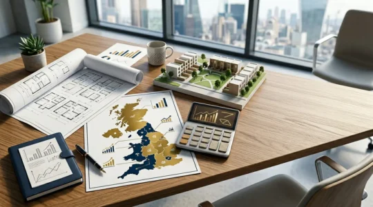 Modern UK property investment analysis with financial growth indicators and strategic location markers