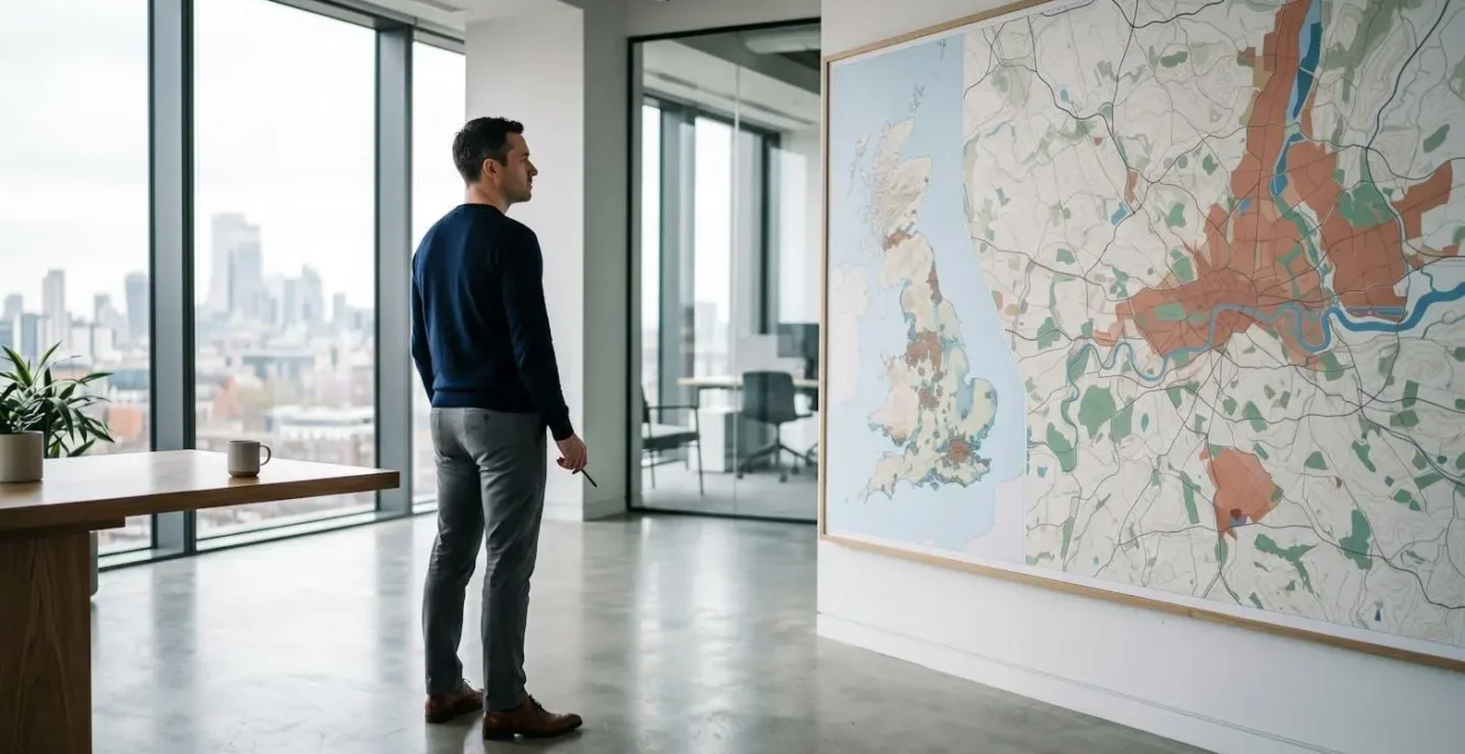 Property investor strategically mapping emerging UK regeneration areas on large urban planning display