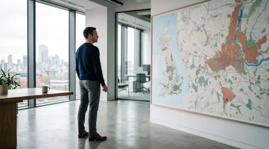 Property investor strategically mapping emerging UK regeneration areas on large urban planning display