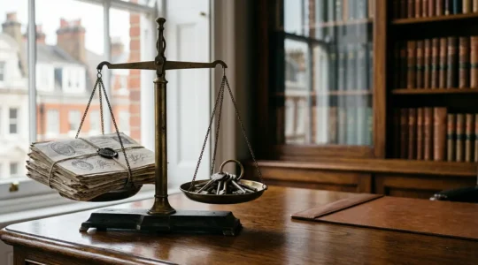 Professional landlord reviewing tenant application documents in modern office setting with natural light
