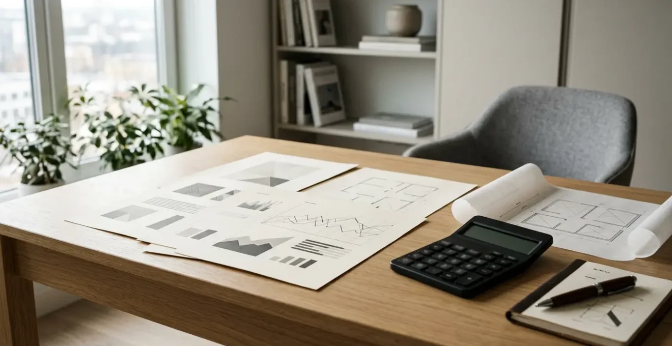 Professional wide-angle photograph showing financial documents spread on desk with calculator and property investment planning materials in natural editorial lighting