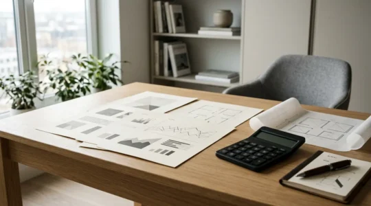 Professional wide-angle photograph showing financial documents spread on desk with calculator and property investment planning materials in natural editorial lighting