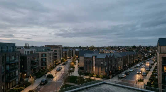 Wide-angle view of a modern UK city skyline with residential buildings symbolizing emerging rental investment opportunities