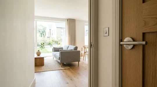 Wide editorial-style photograph showing a meticulously presented rental property interior with enhanced details and premium tactile finishes that command higher rent