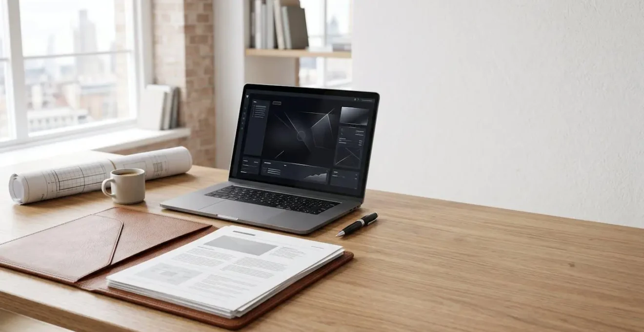 Professional UK landlord reviewing comprehensive tenant screening documents at modern desk