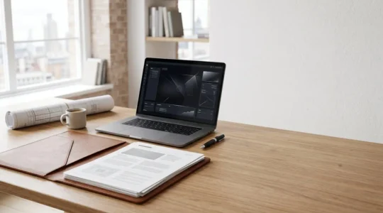 Professional UK landlord reviewing comprehensive tenant screening documents at modern desk