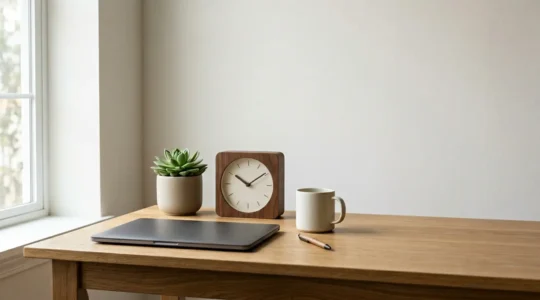 Balanced property management workspace showing organized systems and calm environment