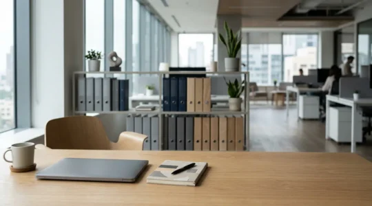 Professional property manager reviewing portfolio performance metrics in modern office environment