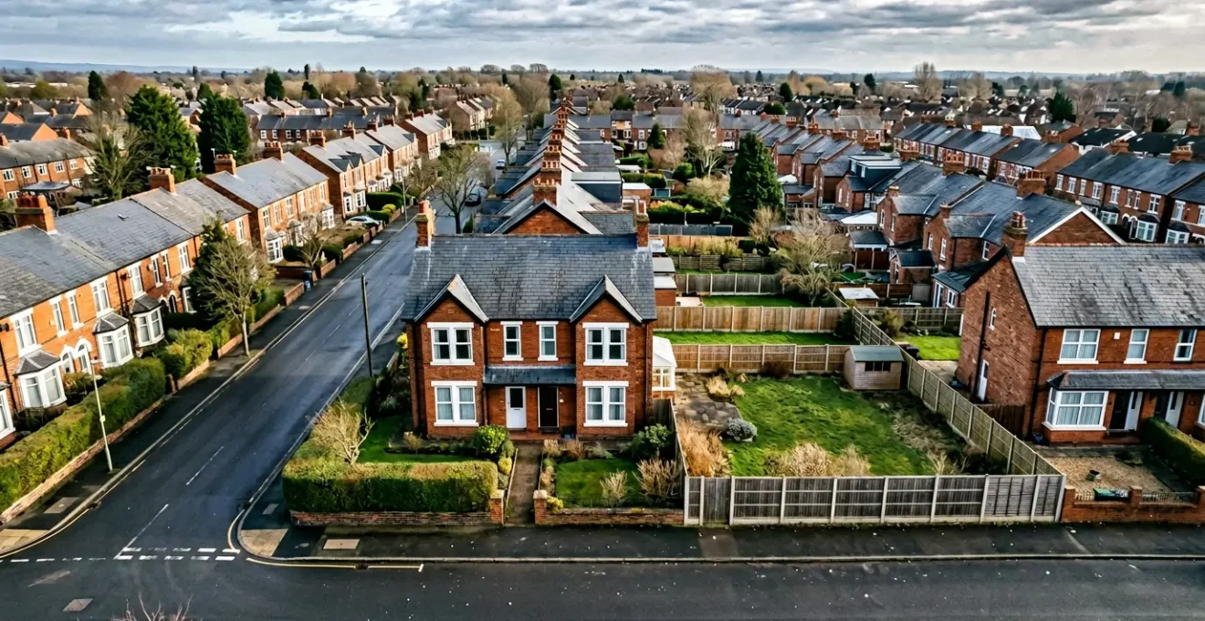 Aerial wide-angle view of a residential property with development potential showing roofline and surrounding context