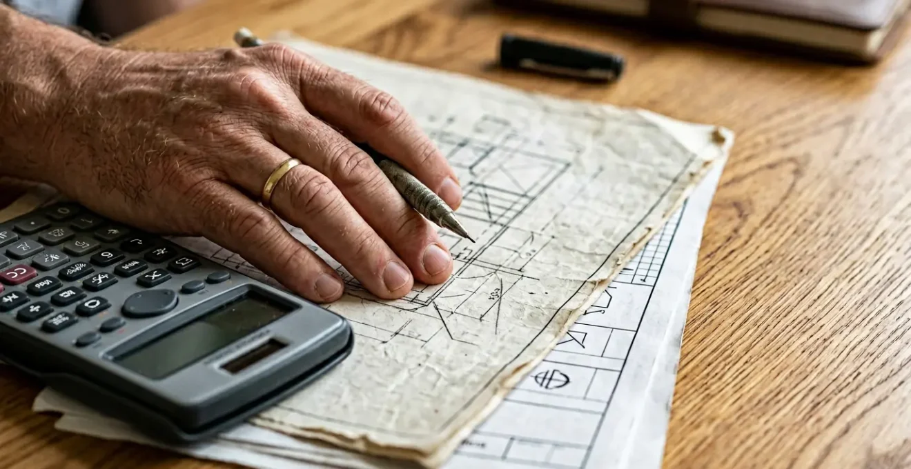 Close-up of hands reviewing property documentation with calculator and architectural floor plans on desk, natural window lighting creating professional assessment atmosphere