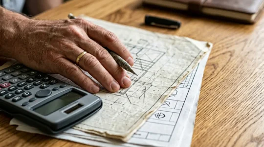 Close-up of hands reviewing property documentation with calculator and architectural floor plans on desk, natural window lighting creating professional assessment atmosphere