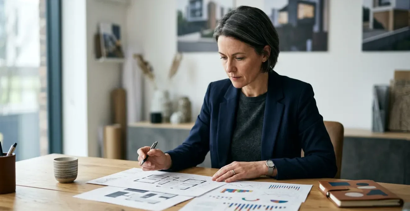 Professional property investor analyzing renovation plans and financial documents in modern office environment