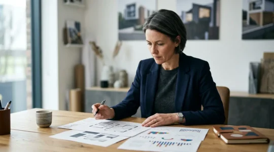 Professional property investor analyzing renovation plans and financial documents in modern office environment