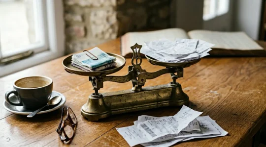 Professional landlord reviewing property financial documents with calculator showing cost analysis between tenant retention and turnover expenses