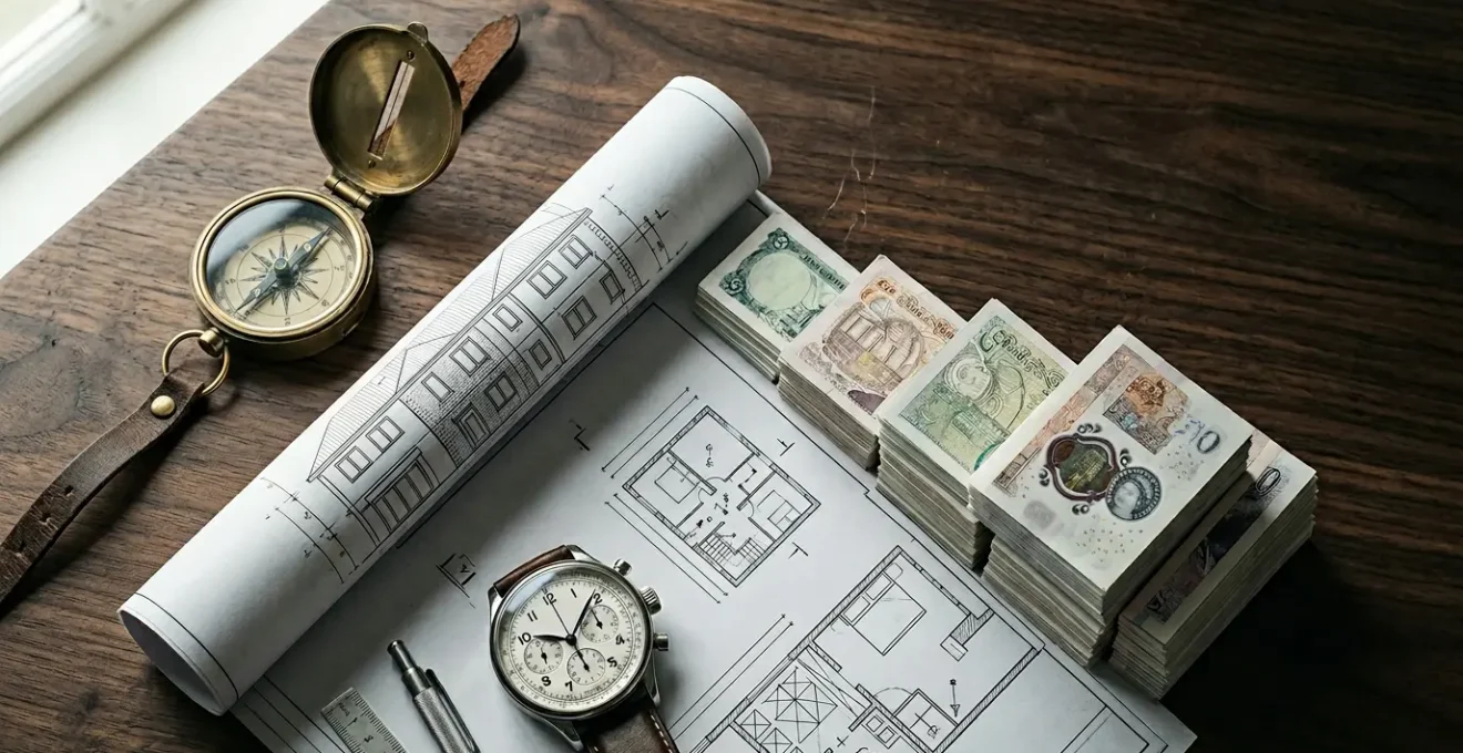 Professional financial planning scene with property documents and structured loan analysis materials