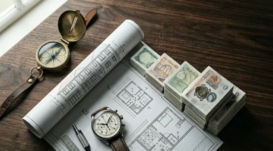 Professional financial planning scene with property documents and structured loan analysis materials