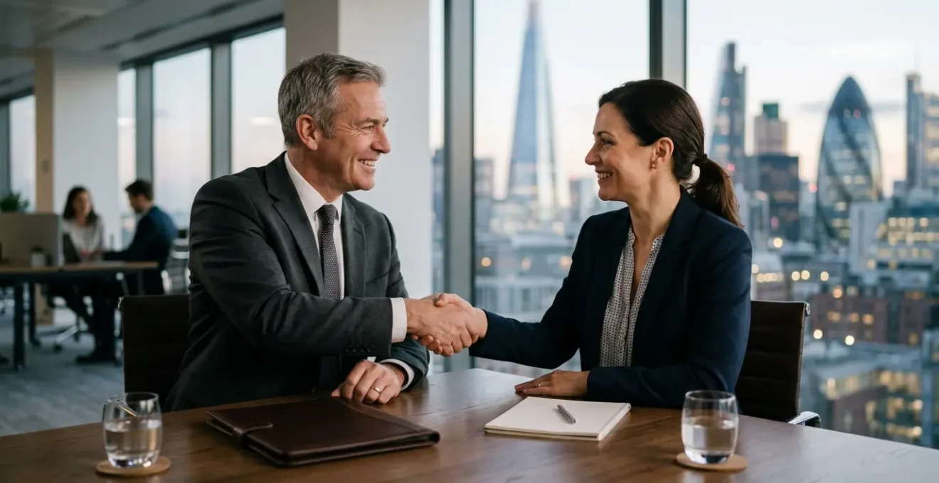 Professional commercial property transaction handshake moment capturing deal completion success