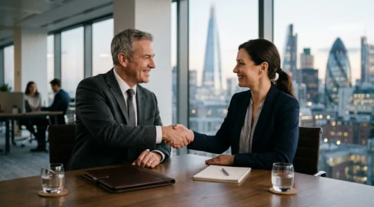 Professional commercial property transaction handshake moment capturing deal completion success