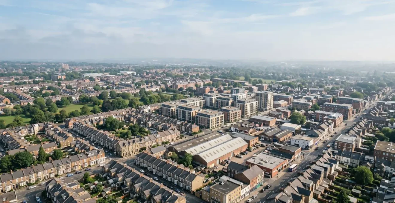 Aerial view of diverse UK development sites showing planning zones and property types across urban landscape