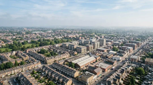 Aerial view of diverse UK development sites showing planning zones and property types across urban landscape