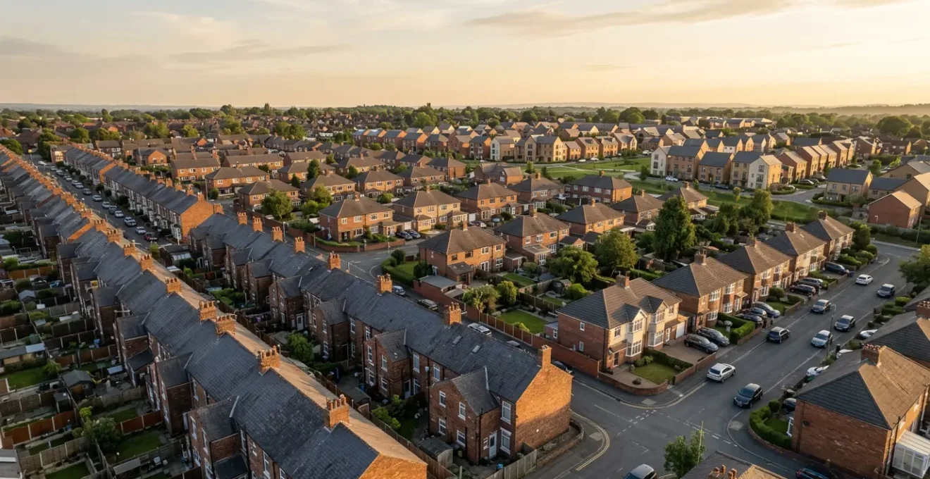 Wide aerial view of a UK residential neighborhood showing diverse property types and street patterns to illustrate local market analysis