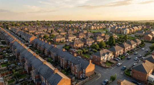 Wide aerial view of a UK residential neighborhood showing diverse property types and street patterns to illustrate local market analysis