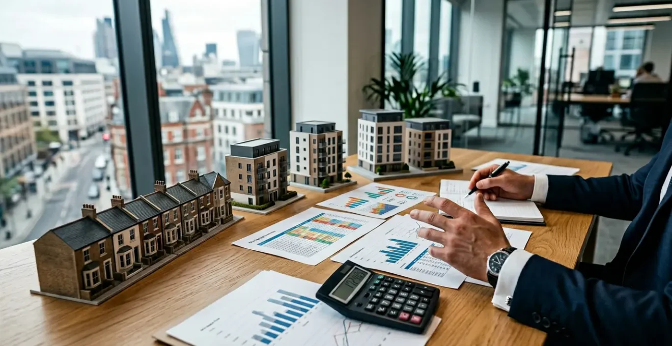 Professional investor reviewing UK property portfolio strategy with financial documents and architectural models representing leveraged property investment growth