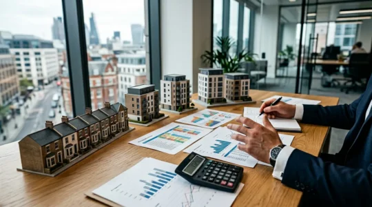 Professional investor reviewing UK property portfolio strategy with financial documents and architectural models representing leveraged property investment growth