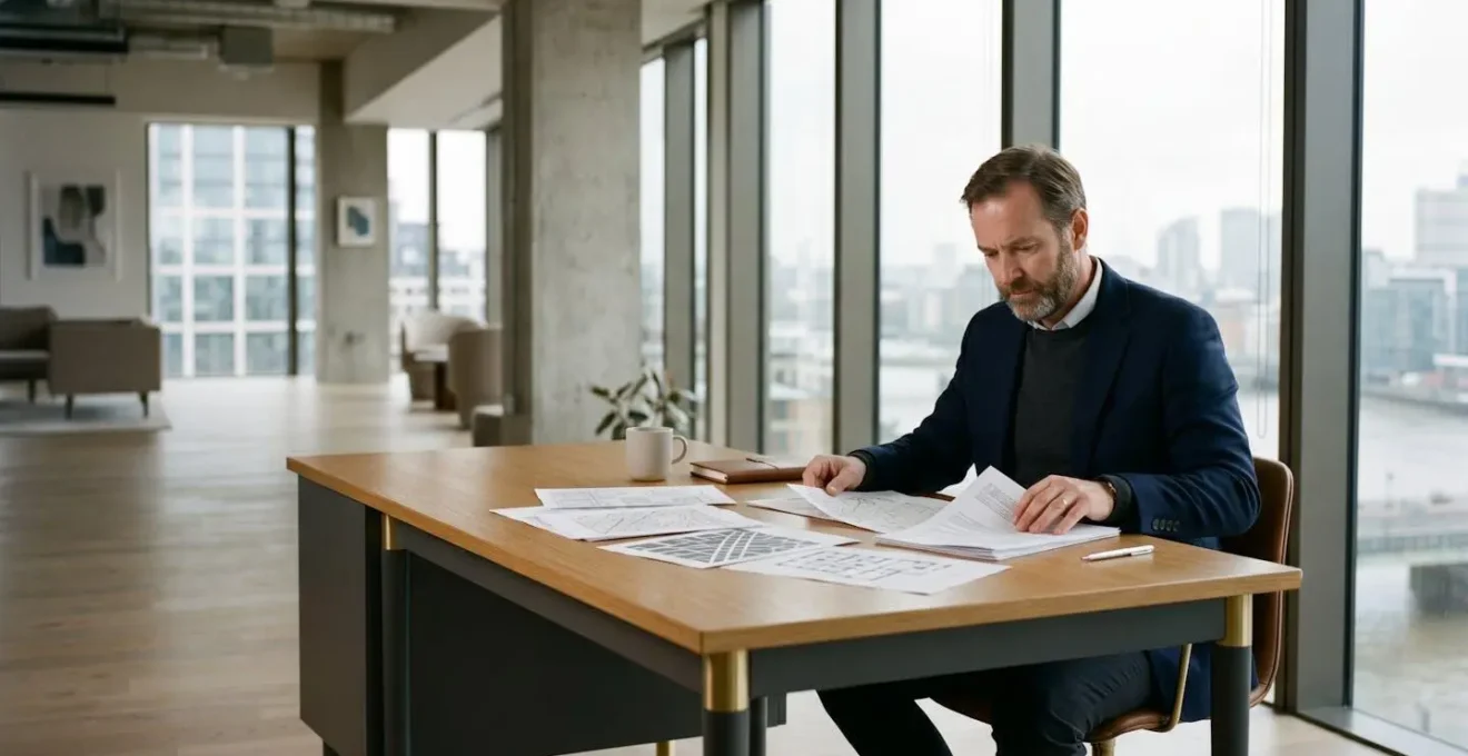 Professional property investor analyzing portfolio performance metrics in modern office environment