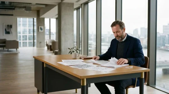 Professional property investor analyzing portfolio performance metrics in modern office environment