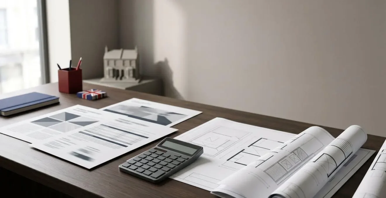Professional editorial photograph depicting UK property investment tax analysis with financial documents and strategic planning elements