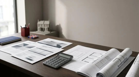 Professional editorial photograph depicting UK property investment tax analysis with financial documents and strategic planning elements