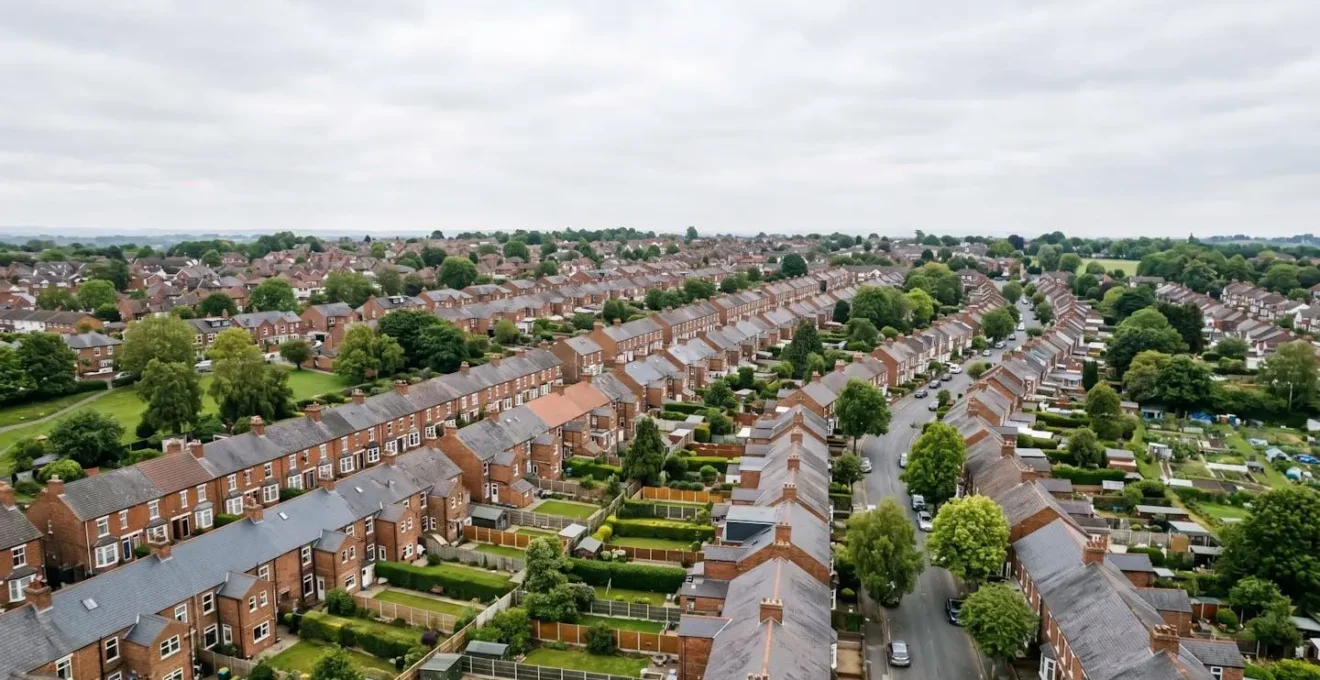 Aerial view of British residential neighbourhood showcasing property investment growth over time