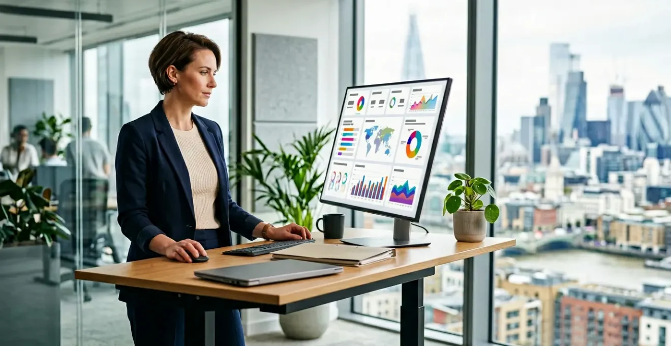Professional UK landlord reviewing property portfolio with rental vacancy analytics and tenant retention strategies in modern office setting
