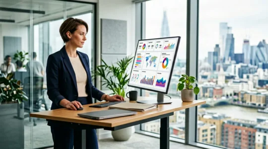 Professional UK landlord reviewing property portfolio with rental vacancy analytics and tenant retention strategies in modern office setting