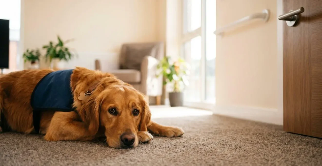 Assistance dog resting peacefully in sunlit modern UK apartment interior