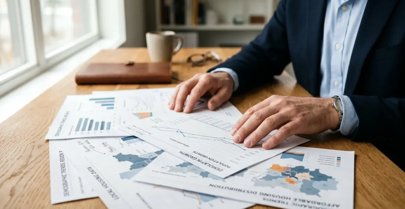 Close-up view of hands reviewing demographic charts and housing market analytics on a clean workspace