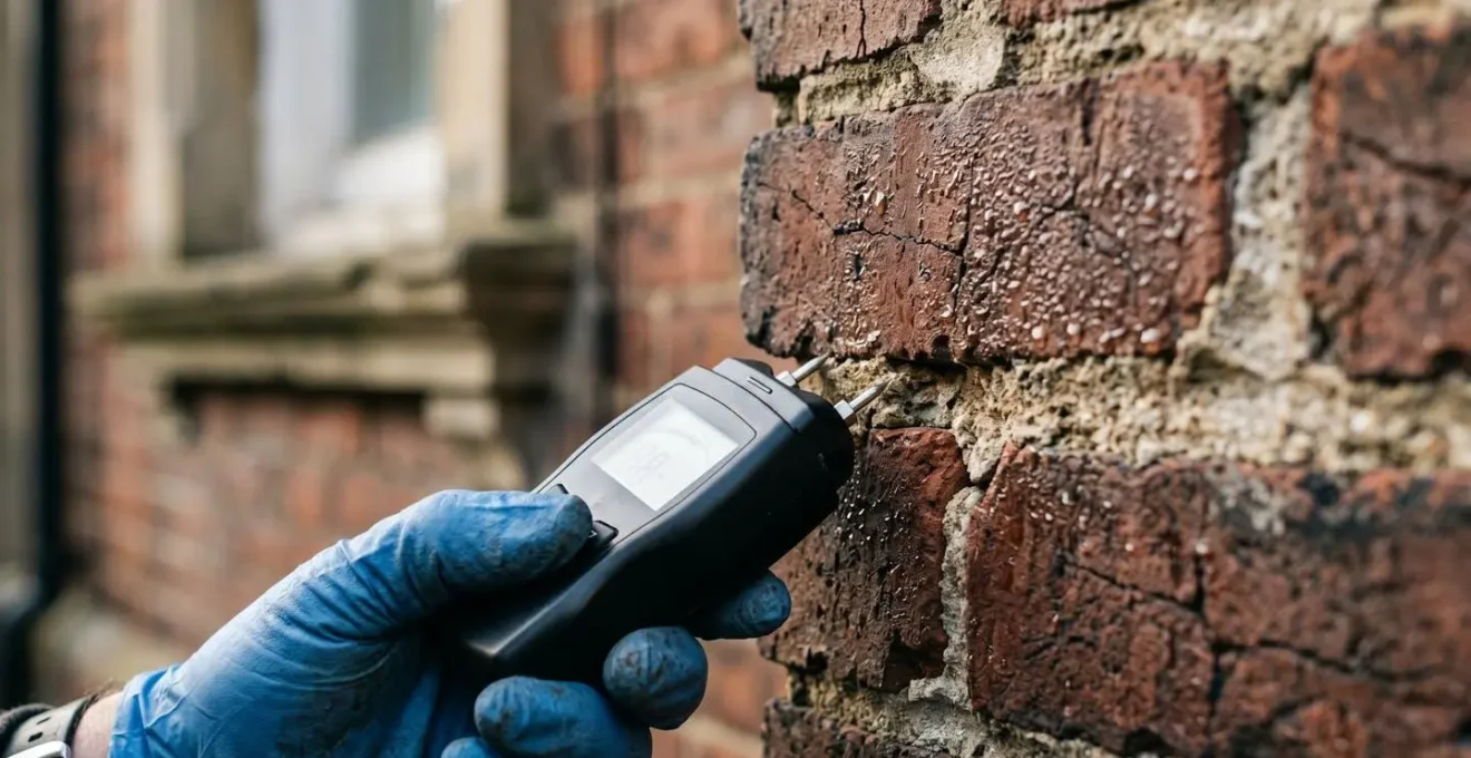 Close-up of building surveyor's hands using professional inspection equipment to detect hidden structural defects in UK property