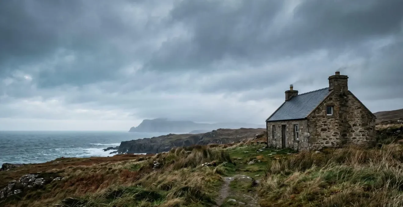 Wide environmental shot of UK coastal cottage during quiet autumn season representing off-peak holiday let period