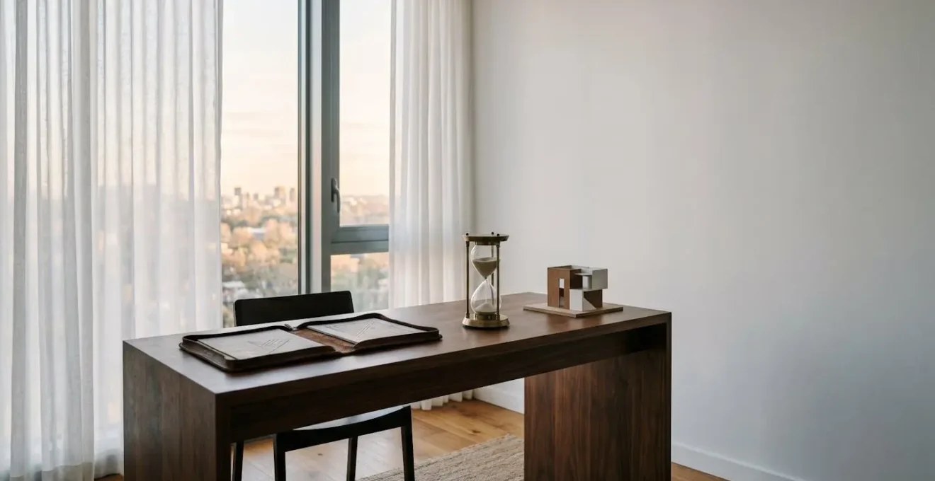 Wide-angle minimalist scene showing strategic planning environment with natural light and contemplative atmosphere